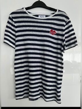 Zoe Karssen Navy White Striped Cotton Linen Crew Neck Tee – Size S